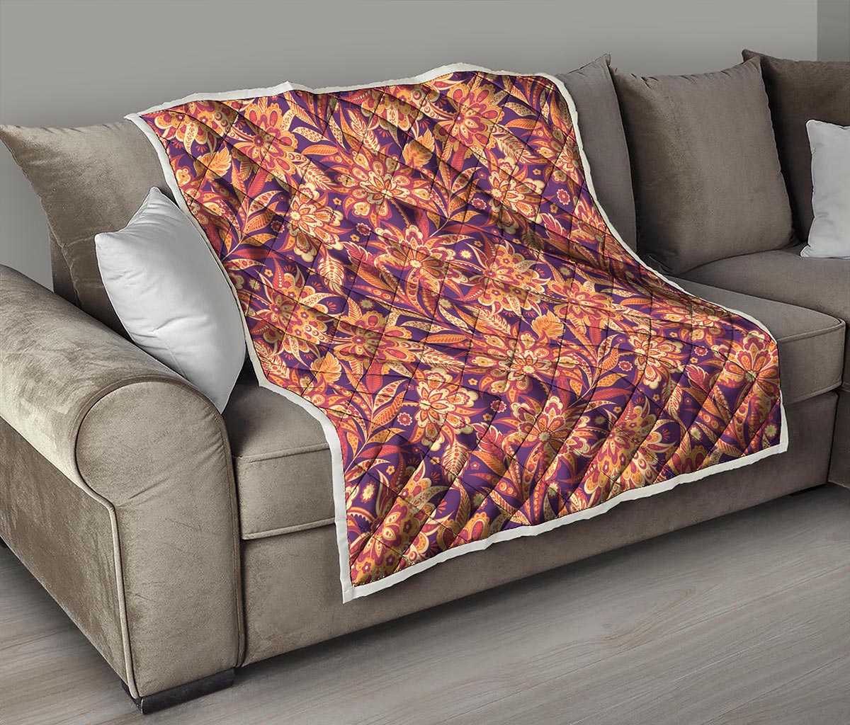 Orange Bohemian Floral Pattern Print Quilt
