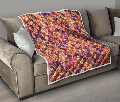 Orange Bohemian Floral Pattern Print Quilt