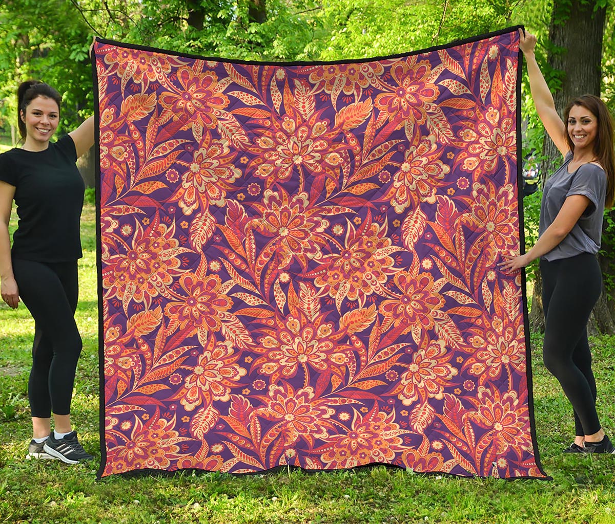 Orange Bohemian Floral Pattern Print Quilt