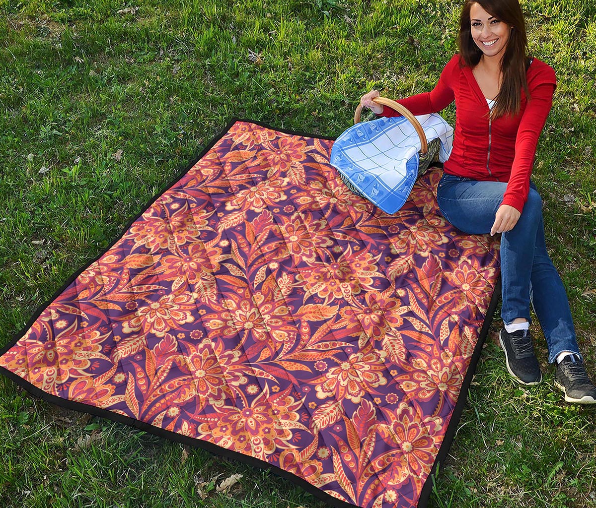 Orange Bohemian Floral Pattern Print Quilt