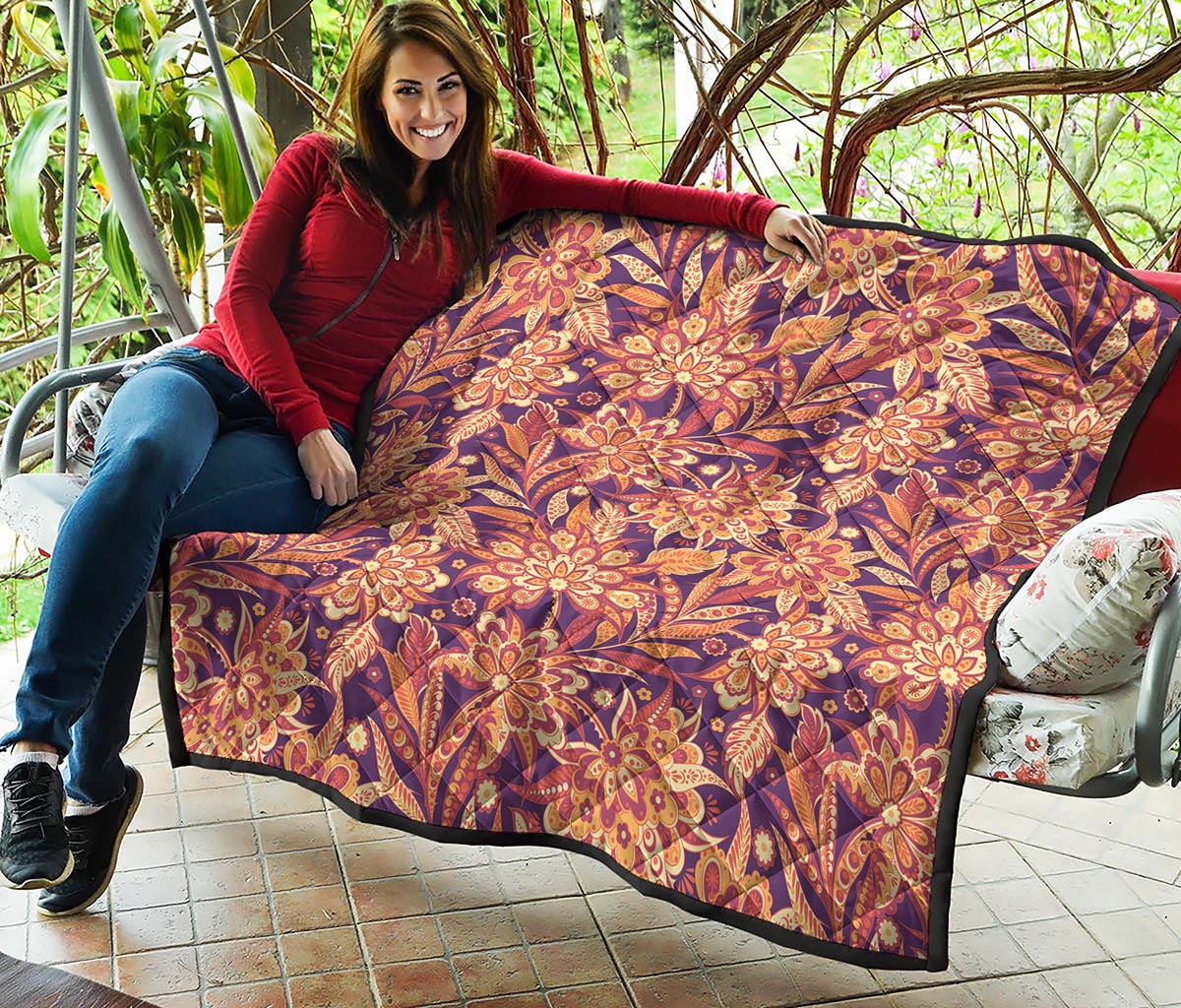 Orange Bohemian Floral Pattern Print Quilt