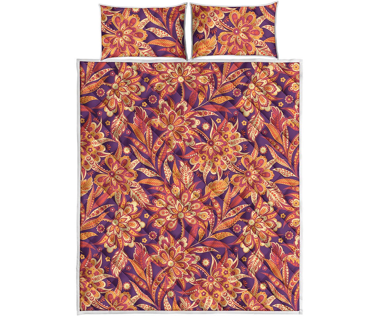 Orange Bohemian Floral Pattern Print Quilt Bed Set