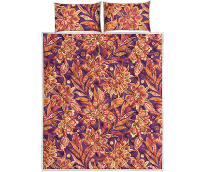 Orange Bohemian Floral Pattern Print Quilt Bed Set