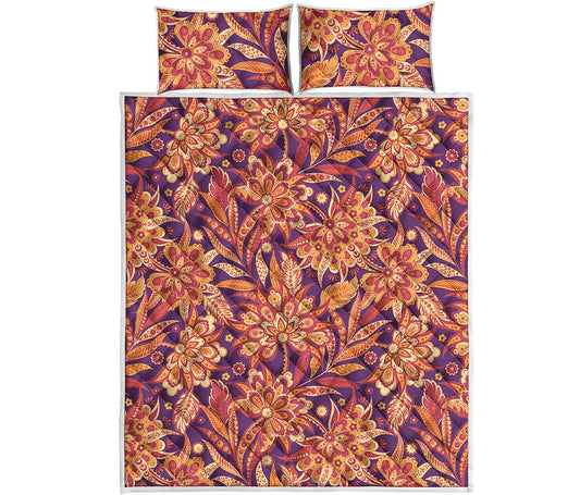 Orange Bohemian Floral Pattern Print Quilt Bed Set