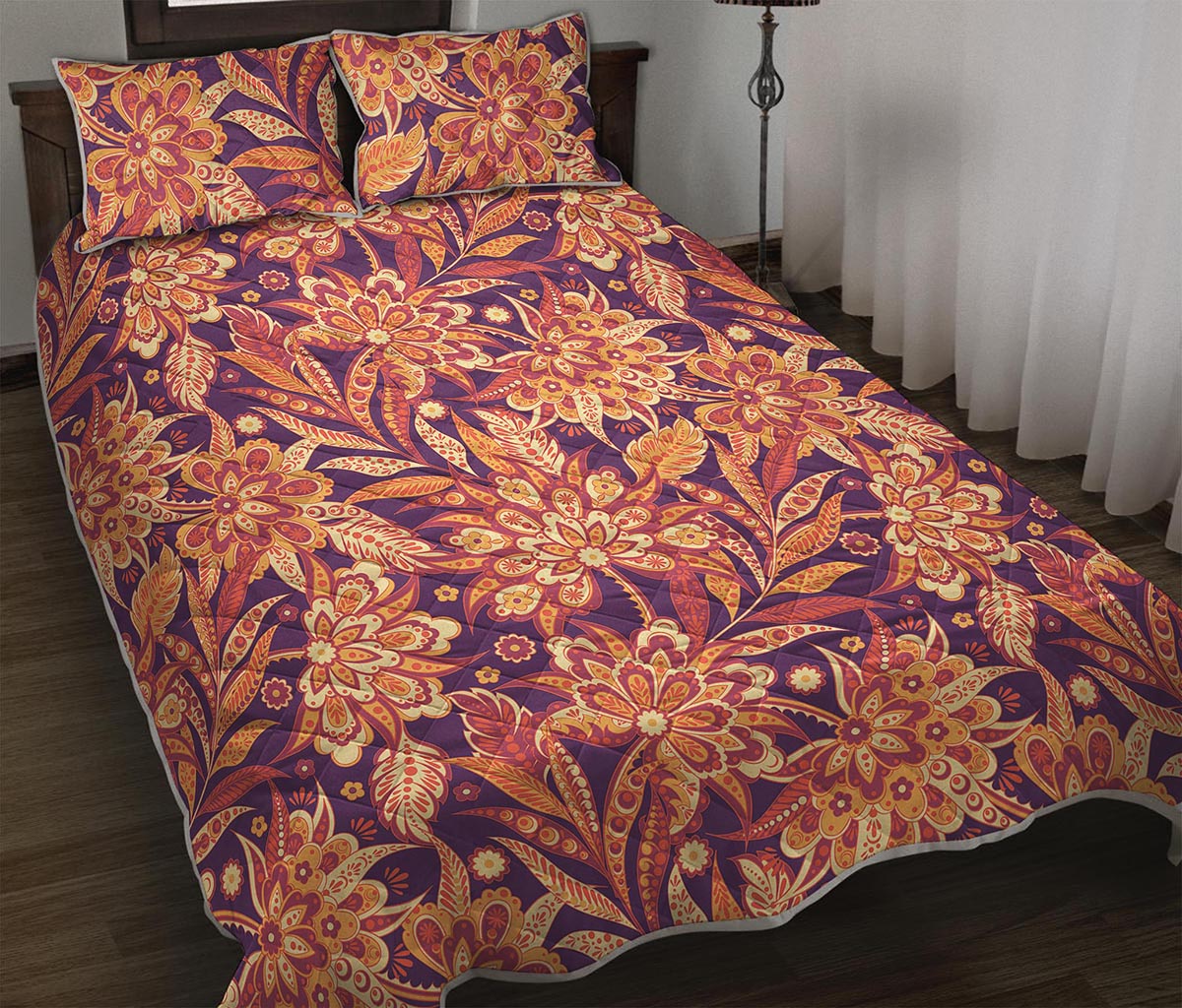 Orange Bohemian Floral Pattern Print Quilt Bed Set
