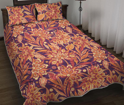 Orange Bohemian Floral Pattern Print Quilt Bed Set