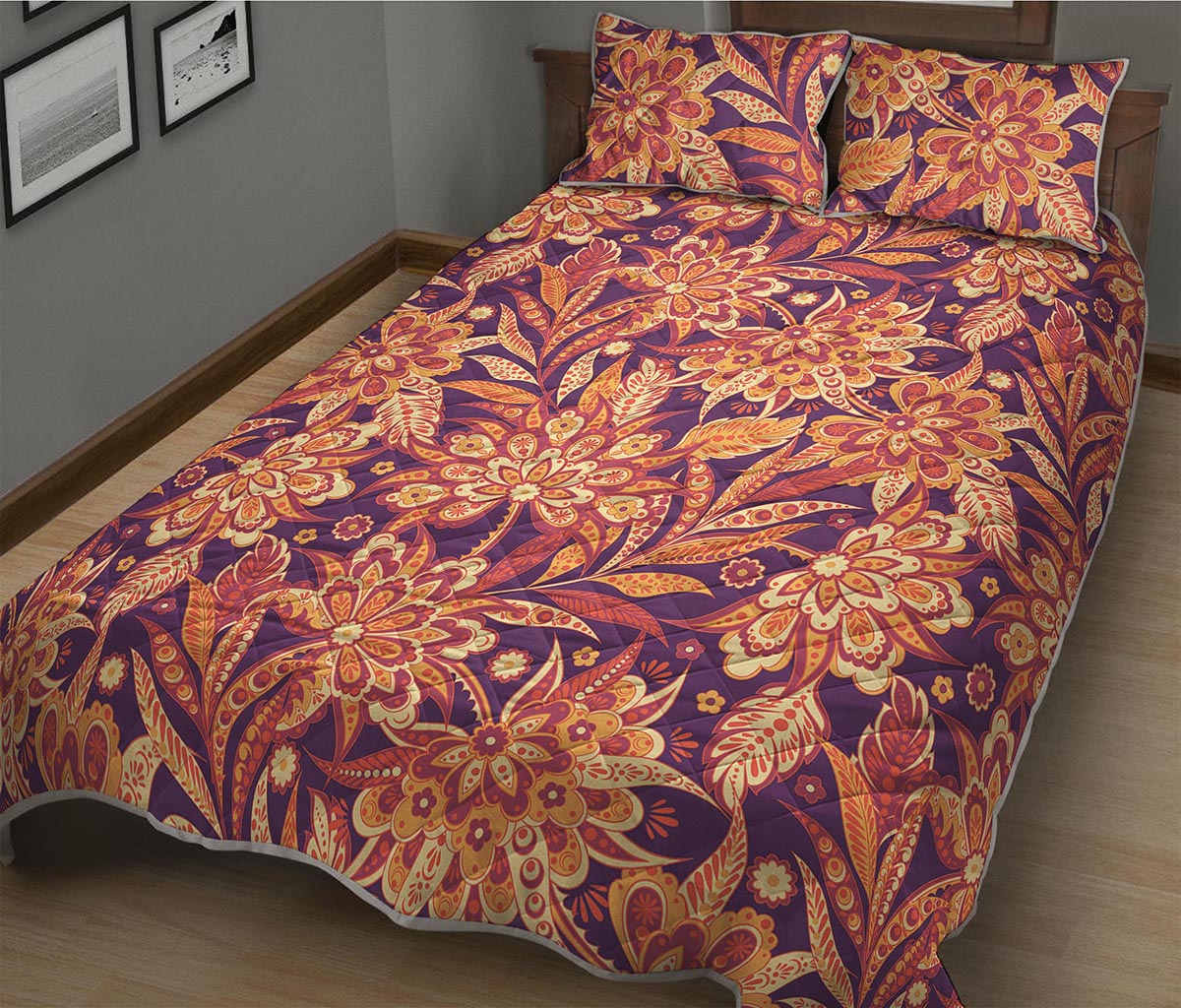 Orange Bohemian Floral Pattern Print Quilt Bed Set