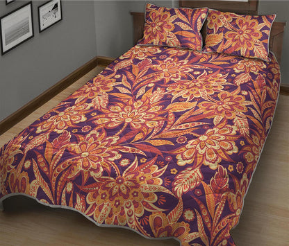 Orange Bohemian Floral Pattern Print Quilt Bed Set