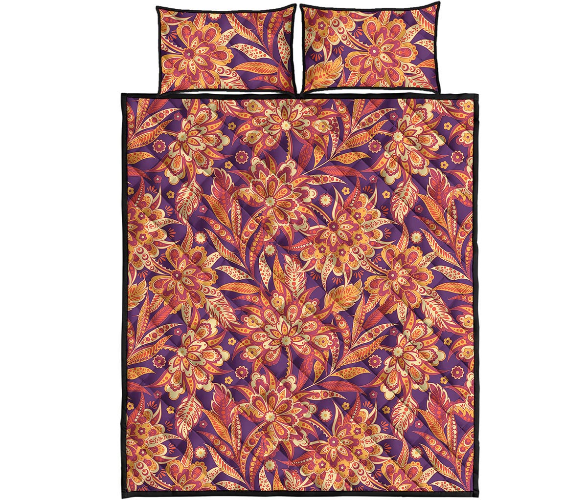 Orange Bohemian Floral Pattern Print Quilt Bed Set