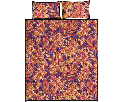 Orange Bohemian Floral Pattern Print Quilt Bed Set