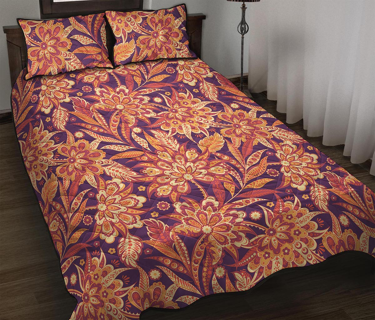 Orange Bohemian Floral Pattern Print Quilt Bed Set
