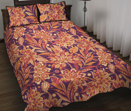 Orange Bohemian Floral Pattern Print Quilt Bed Set