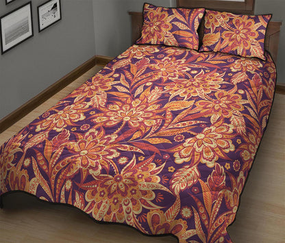 Orange Bohemian Floral Pattern Print Quilt Bed Set