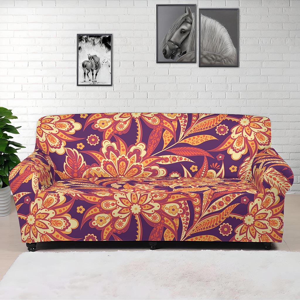 Orange Bohemian Floral Pattern Print Sofa Cover