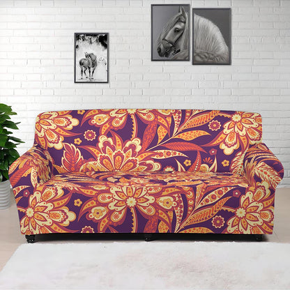 Orange Bohemian Floral Pattern Print Sofa Cover