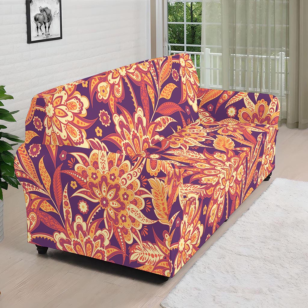 Orange Bohemian Floral Pattern Print Sofa Cover