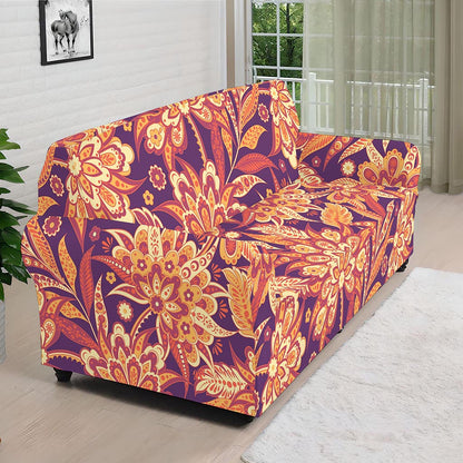 Orange Bohemian Floral Pattern Print Sofa Cover