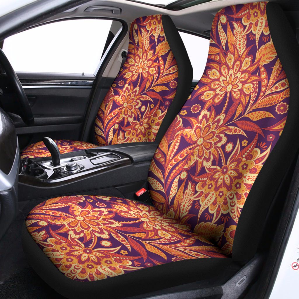 Orange Bohemian Floral Pattern Print Universal Fit Car Seat Covers