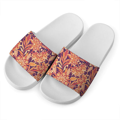 Orange Bohemian Floral Pattern Print White Slide Sandals