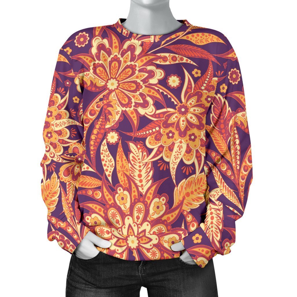 Orange Bohemian Floral Pattern Print Women's Crewneck Sweatshirt GearFrost