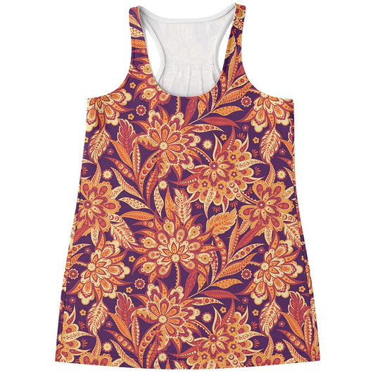 Orange Bohemian Floral Pattern Print Women's Racerback Tank Top