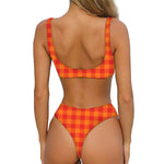 Orange Buffalo Check Pattern Print Front Bow Tie Bikini