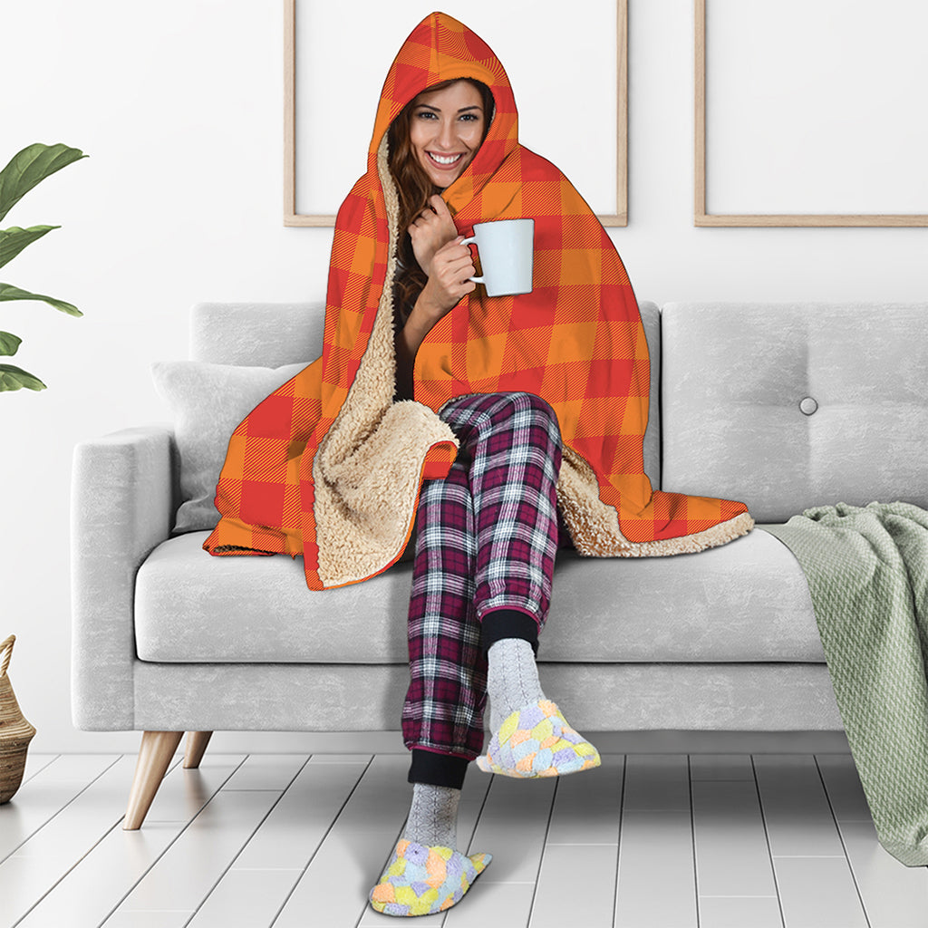 Orange Buffalo Check Pattern Print Hooded Blanket