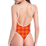 Orange Buffalo Check Pattern Print One Piece High Cut Swimsuit