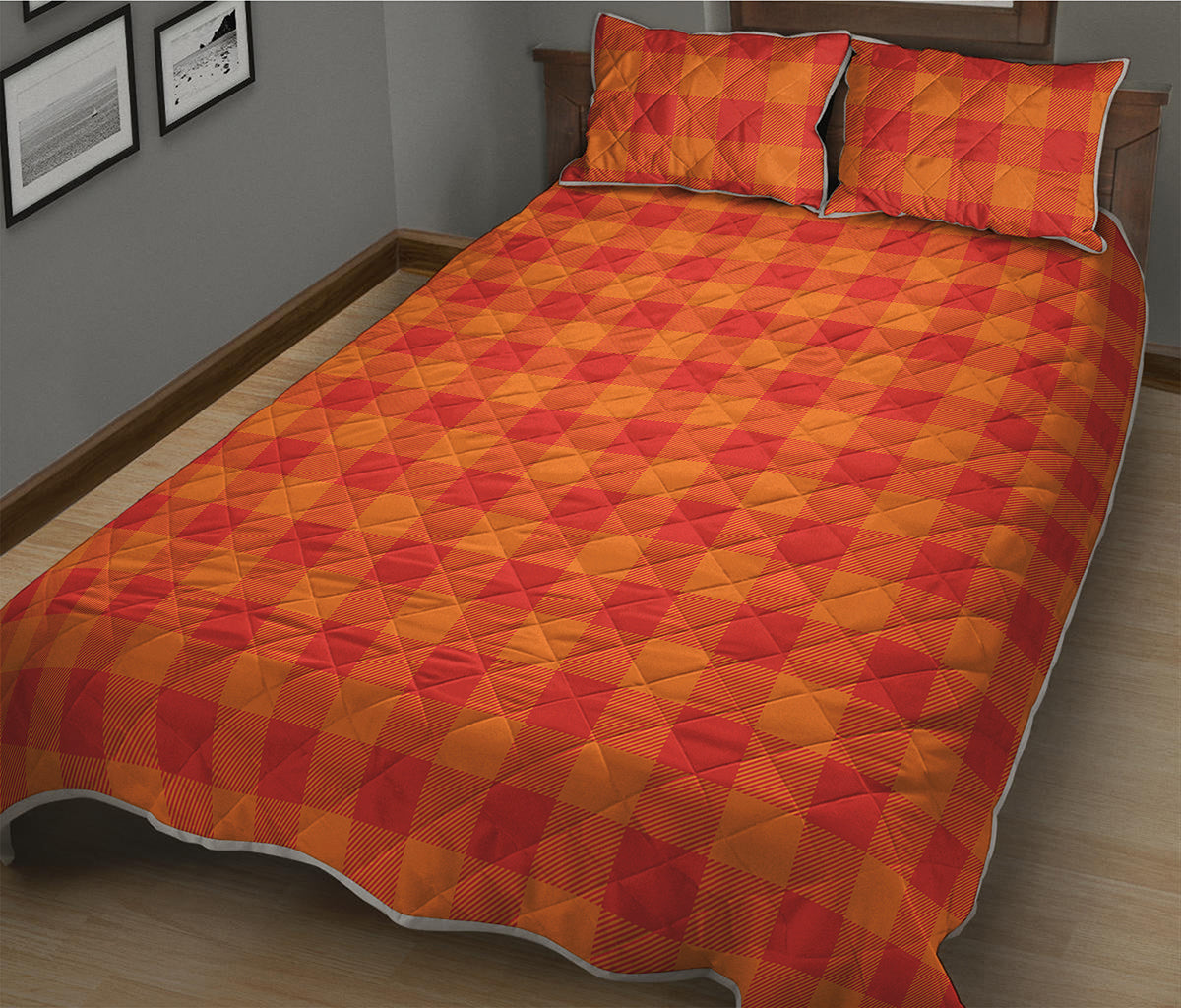 Orange Buffalo Check Pattern Print Quilt Bed Set