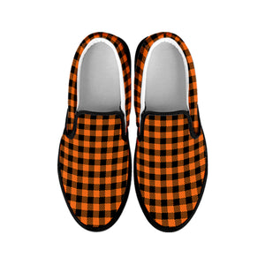 Orange Buffalo Plaid Print Black Slip On Shoes