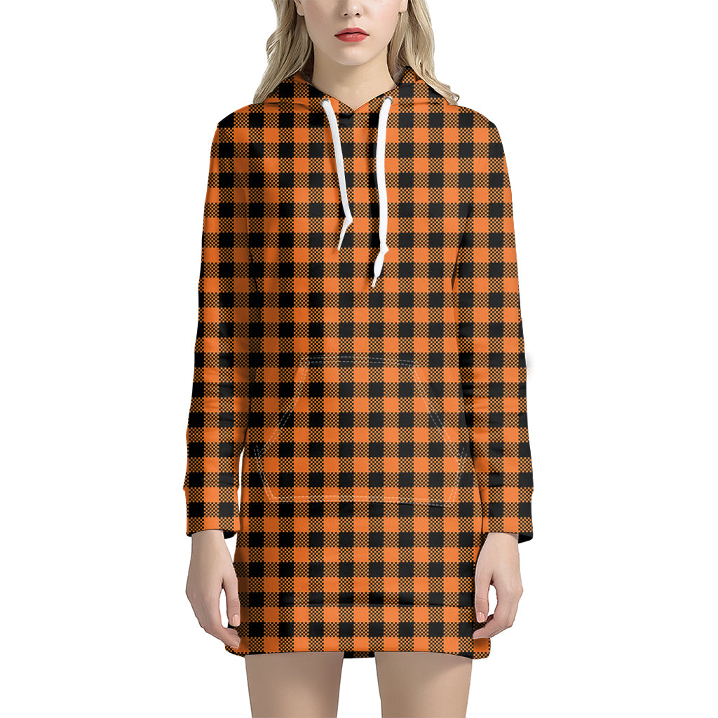 Orange Buffalo Plaid Print Hoodie Dress