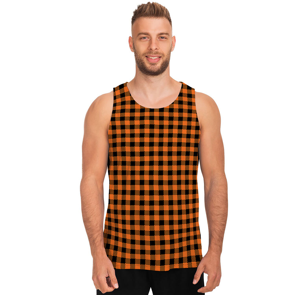 Orange Buffalo Plaid Print Men's Tank Top