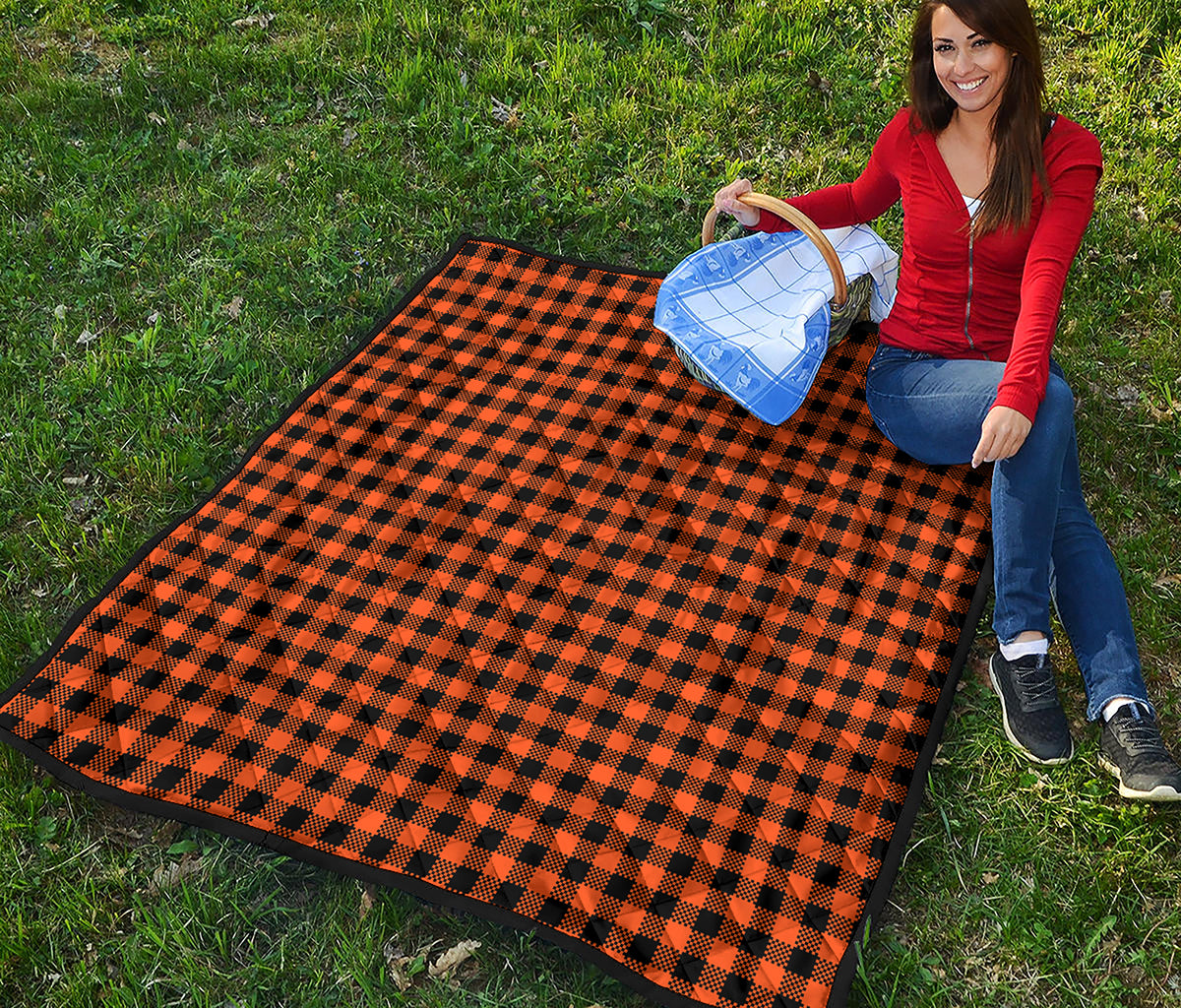 Orange Buffalo Plaid Print Quilt