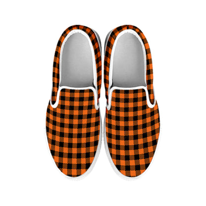 Orange Buffalo Plaid Print White Slip On Shoes