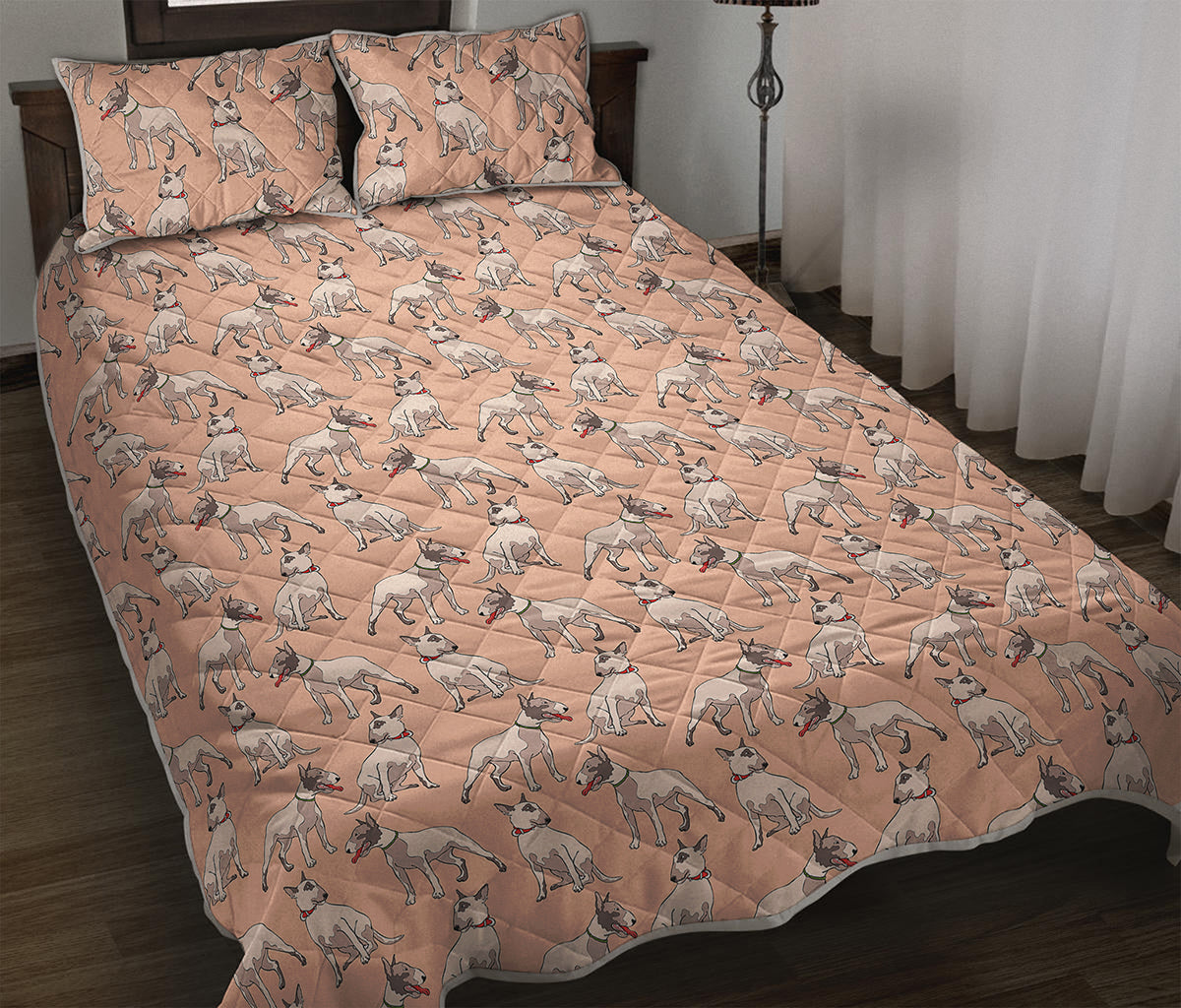 Orange Bull Terrier Pattern Print Quilt Bed Set