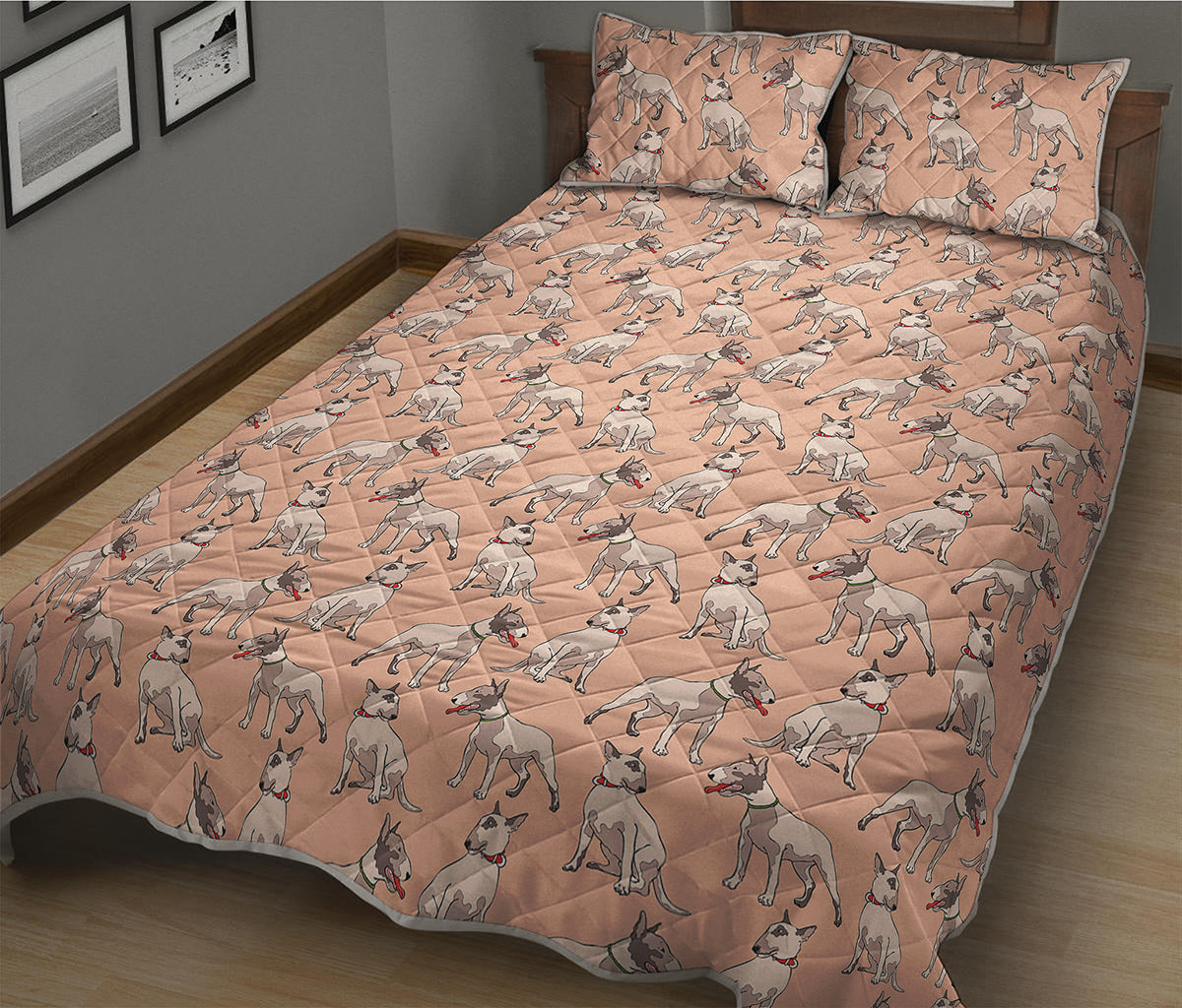Orange Bull Terrier Pattern Print Quilt Bed Set