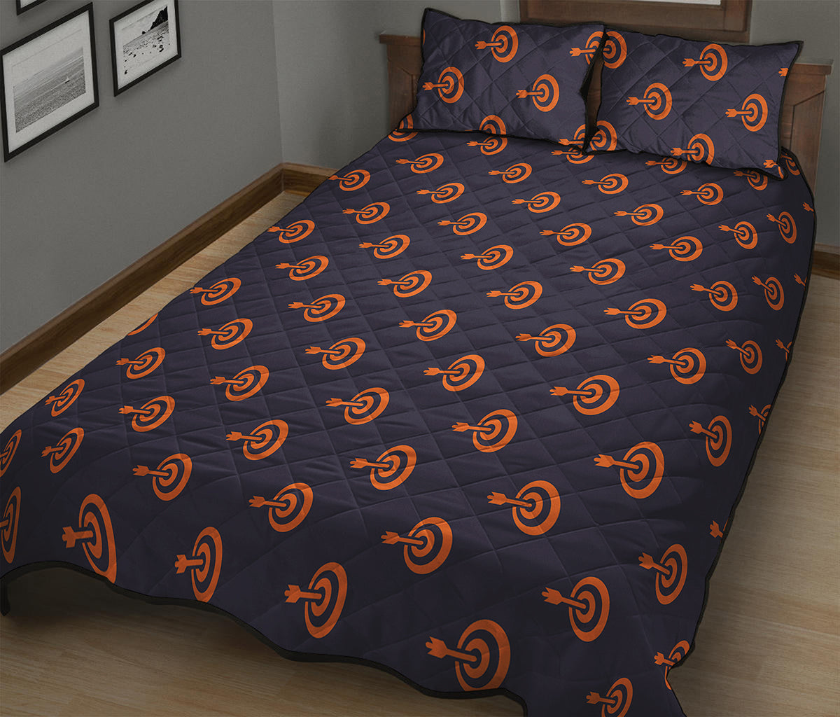 Orange Bullseye Target Pattern Print Quilt Bed Set