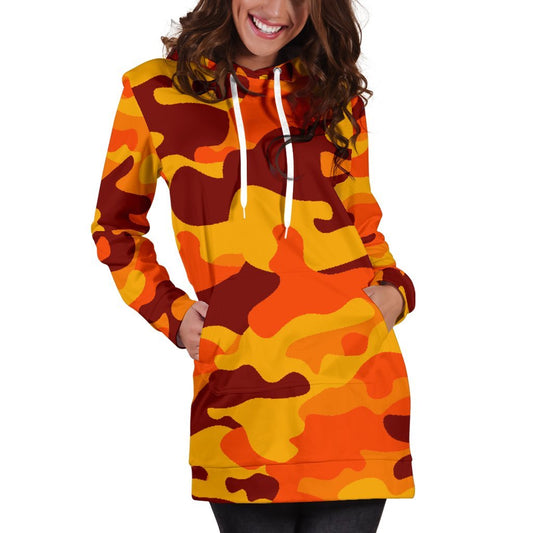 Orange Camouflage Print Hoodie Dress GearFrost
