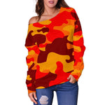 Orange Camouflage Print Off Shoulder Sweatshirt GearFrost