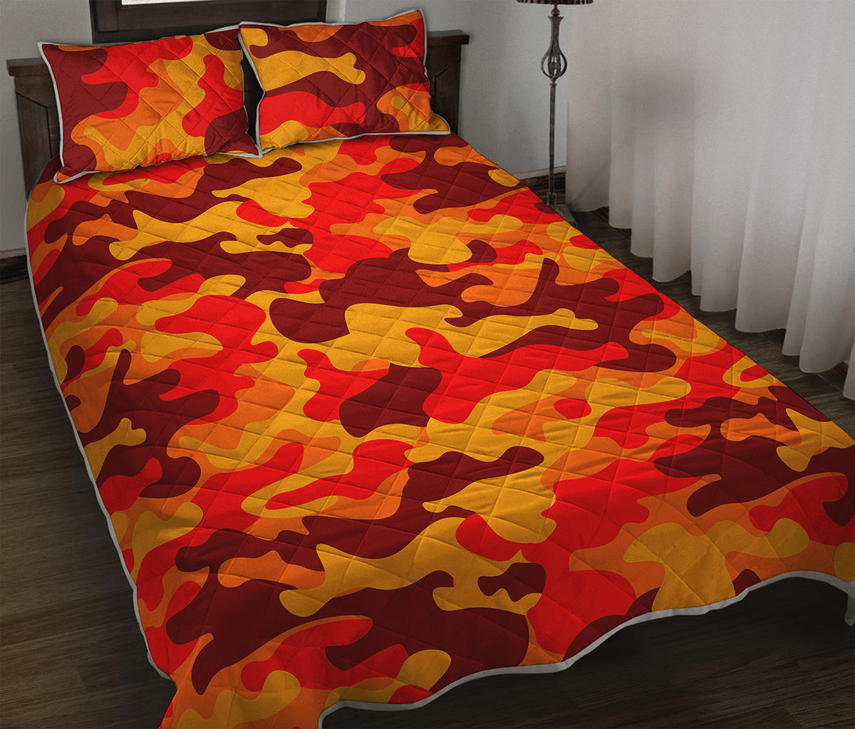 Orange Camouflage Print Quilt Bed Set