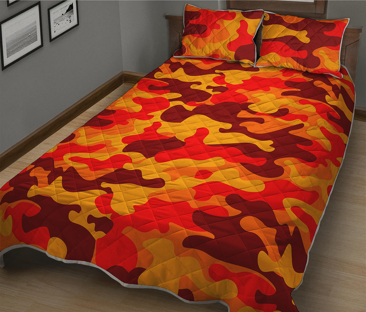 Orange Camouflage Print Quilt Bed Set