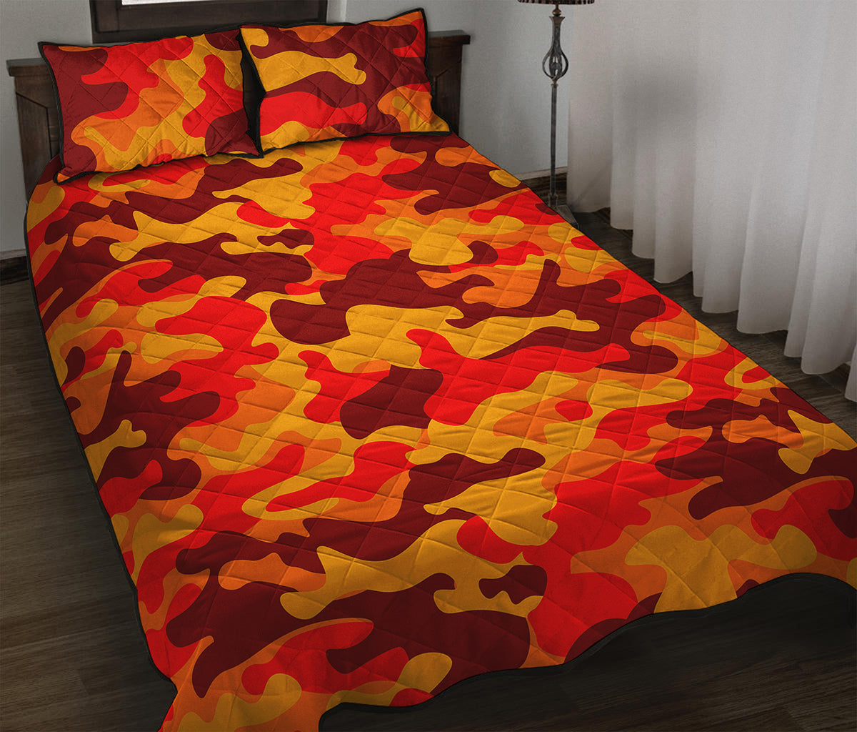 Orange Camouflage Print Quilt Bed Set