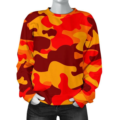 Orange Camouflage Print Women's Crewneck Sweatshirt GearFrost