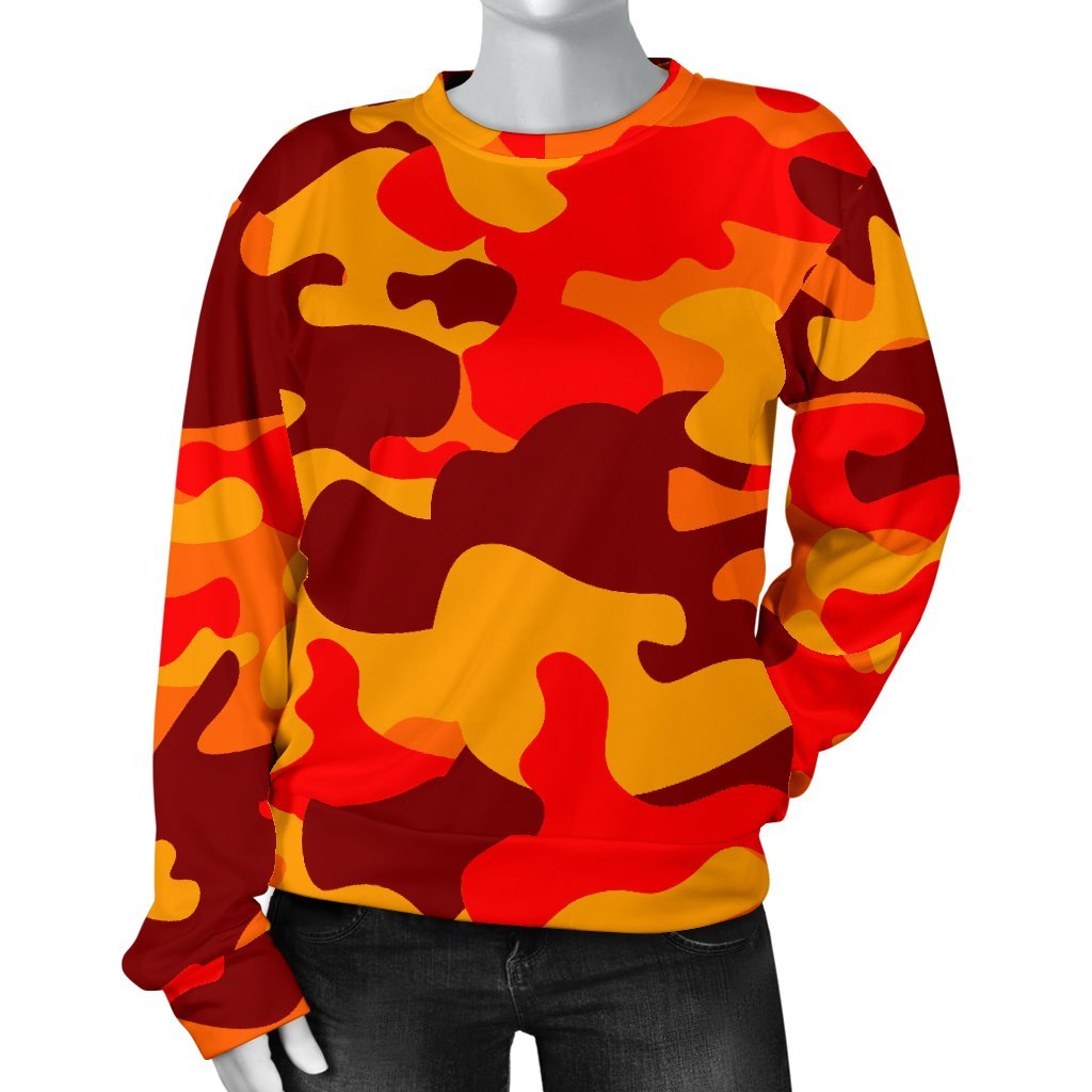 Orange Camouflage Print Women's Crewneck Sweatshirt GearFrost