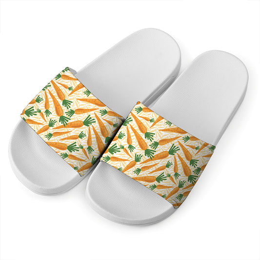 Orange Carrot Pattern Print White Slide Sandals