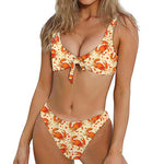 Orange Crab Pattern Print Front Bow Tie Bikini