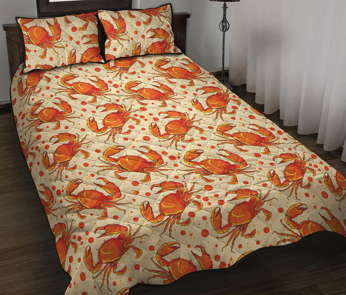 Orange Crab Pattern Print Quilt Bed Set