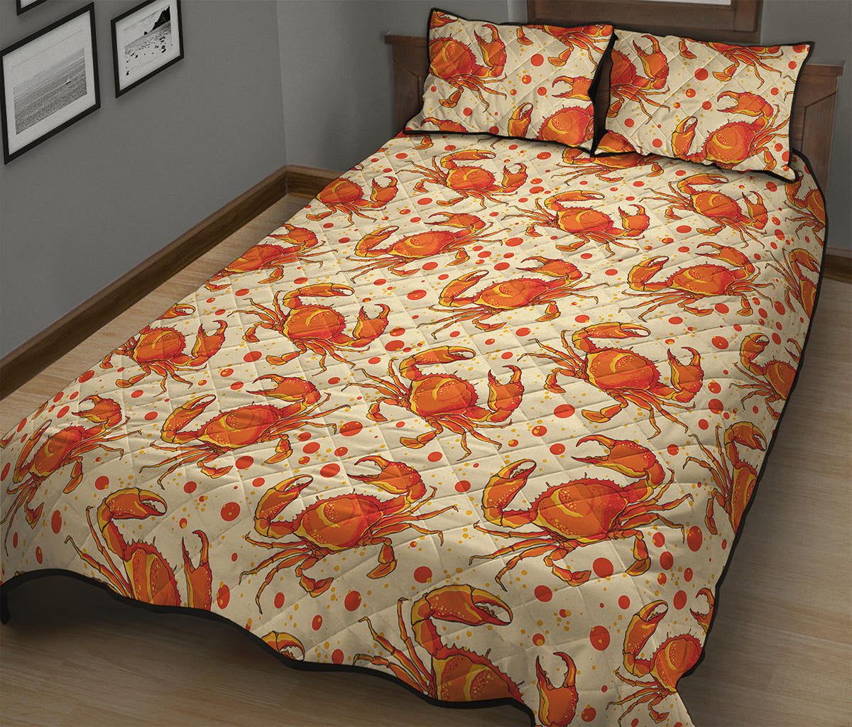 Orange Crab Pattern Print Quilt Bed Set