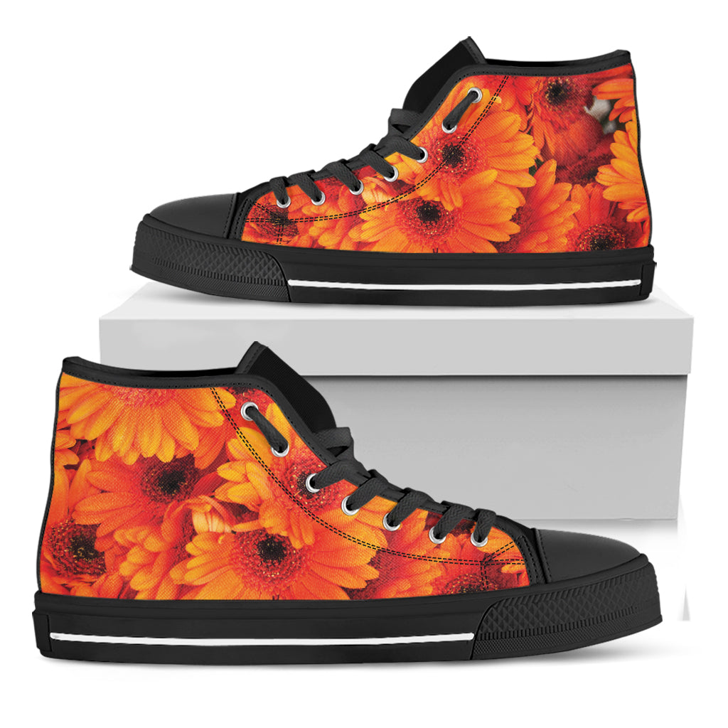 Orange Daisy Flower Print Black High Top Shoes