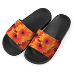 Orange Daisy Flower Print Black Slide Sandals